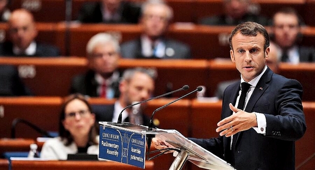 Emmanuel Macron, mardi, à Strasbourg, pendant son discours devant le Conseil de l’Europe. FREDERICK FLORIN/AFP